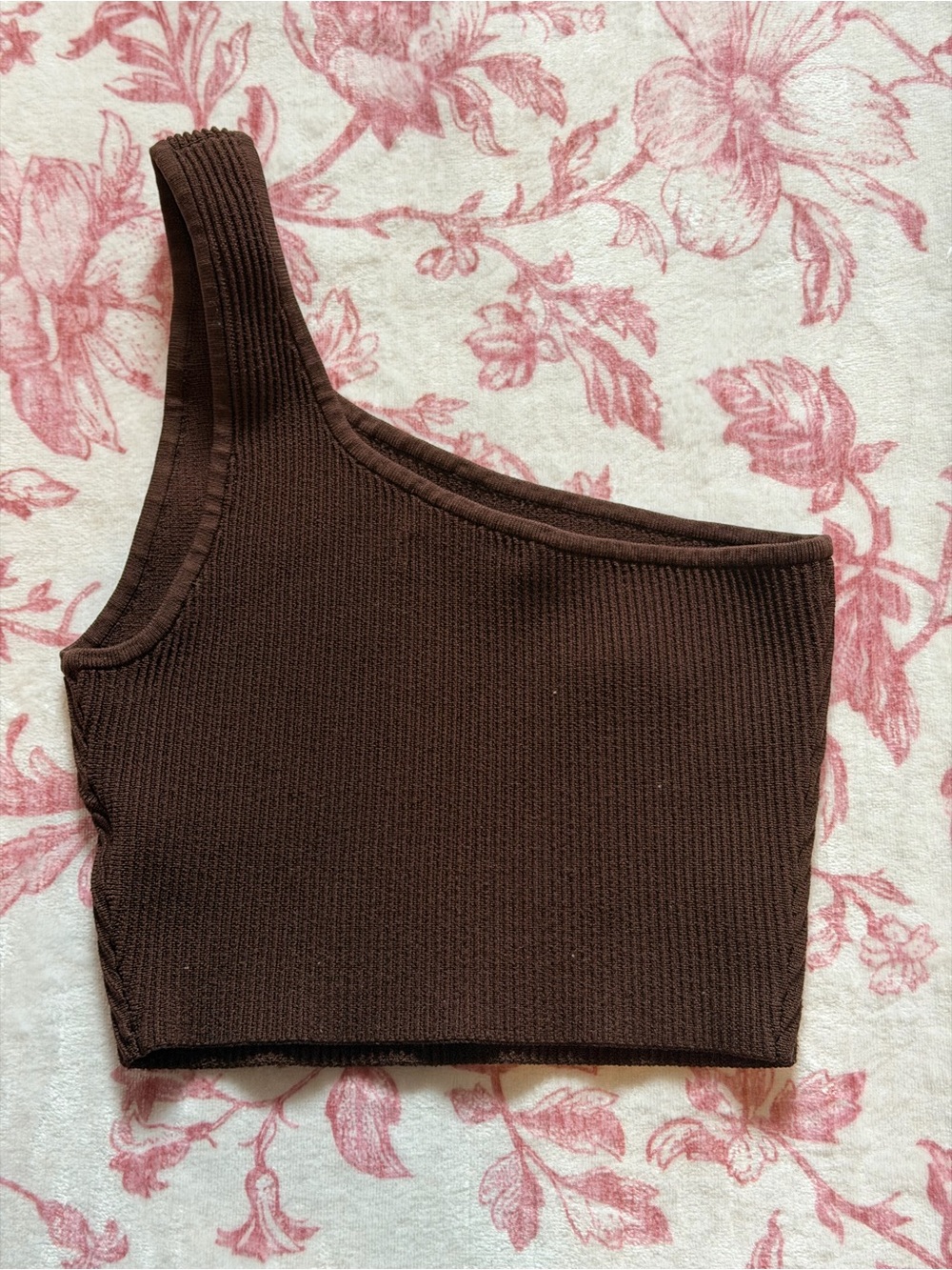Babaton Dark Brown One-Shoulder Ribbed Crop Top